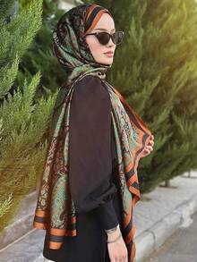 Women's Brown Cashew Print Scarf, Long Shawl Headscarf - Rust Brown - View 2