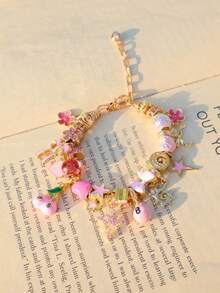 1pc Cute Pink Charm Bracelet, Cross Star Girl Bracelet, Pink Bow Heart Bracelet, Cherry 8 Ball Sakura Bracelet, Ramadan Sun Moon Bracelet - Gold - View 10