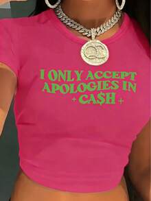 [Vintage Cash Tee] Y2K Vintage Style Cash Apology Letter Print Crew Neck Tee | Short Sleeve Crop T-Shirt For Spring & Summer, Women's Clothing, Women's Short Sleeve Ribbed Crop Tee –, Lightweight & Versatile For Everyday Wear - 玫紅色 - 查看 1