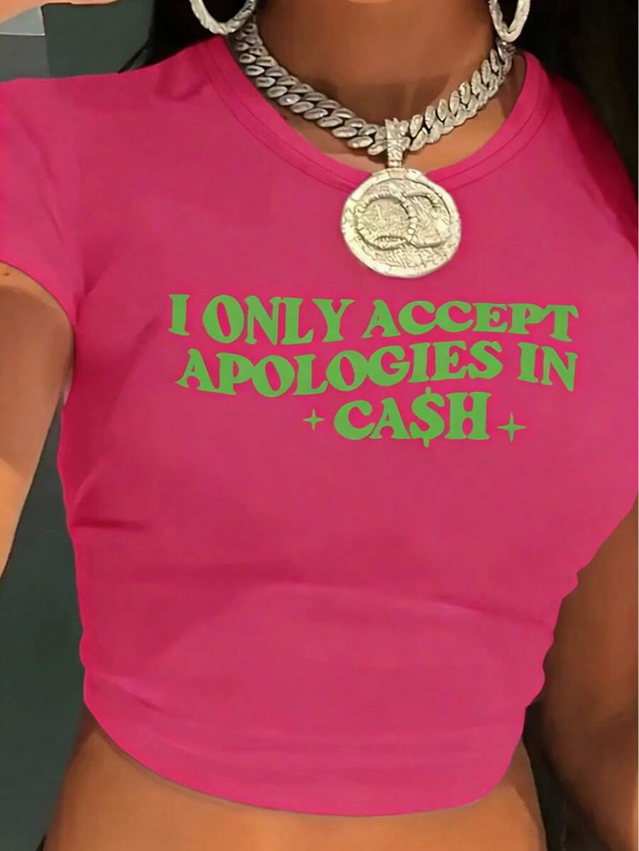 [Vintage Cash Tee] Y2K Vintage Style Cash Apology Letter Print Crew Neck Tee | Short Sleeve Crop T-Shirt For Spring & Summer, Women's Clothing, Women's Short Sleeve Ribbed Crop Tee –, Lightweight & Versatile For Everyday Wear - 玫紅色 - 查看 1