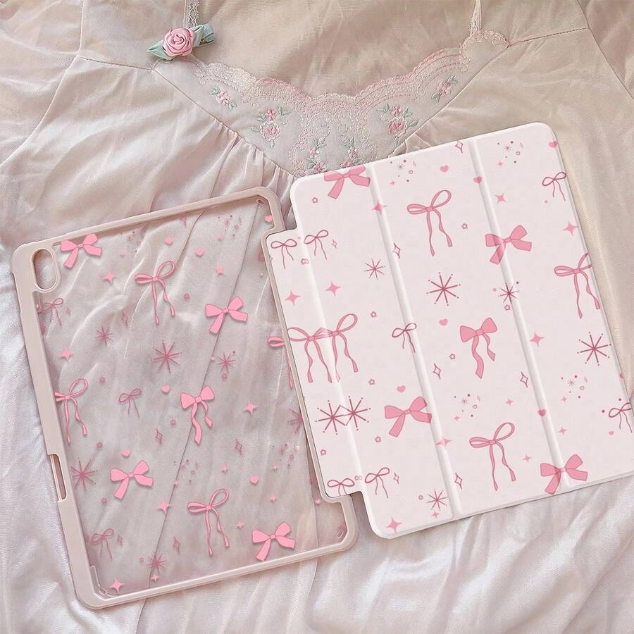 Cute Cartoon Pink Bow, Star, Heart Dual-Sided Acrylic Transparent Crystal Back Cover, Shock-Resistant And Durable, Suitable For 7th, 8th (10.2 Inch), And 10th Generation . Built-In Pencil Slot, Sleep/Wake Function, And Foldable Stand Design. Ideal Gift For New Year 2026 And Christmas. - 查看 1