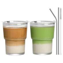 1个400毫升玻璃杯，竖条纹图案，带吸管盖，适用于盛装水、果汁和冰咖啡 - 彩色 - 查看 9