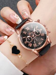6pcs/Set Jam Tangan Hadiah Wanita dengan Dial Angka Romawi, Kombo Jam Tangan Quartz Elegan + Gelang Liontin Hati, Tidak Termasuk Kotak Jam Tangan - MultiWarna - View 3