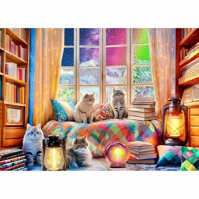 300 Piece Puzzles Adults - Winter Jigsaw Puzzles Kids - Northern Lights And Cozy Cats,Birthday,Party Gifts