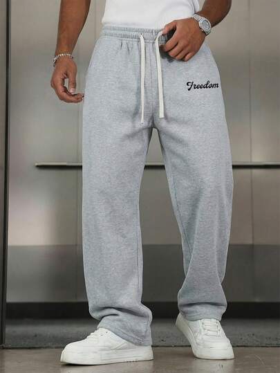 Men's Letter Print Wide Leg Sweatpants, Black Loose Casual Pants, Draping Sporty Trousers, Retro American Letter Sweatpants, Loose Wide Leg Pants, Street Style Casual Long Pants