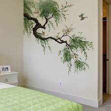 1件 40x90cm 新中式垂柳與鳥牆貼，自黏可移除，禪意風格客廳臥室牆面裝飾 - 多色 - 查看 3