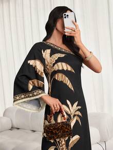 Women's Tropical Rainforest Print Fringe Hem Dress, Suitable For Daily Commute And Casual Vacation. This New Spring/Summer Printed Dress Features A Casual Elegant Style Black - Black - View 6