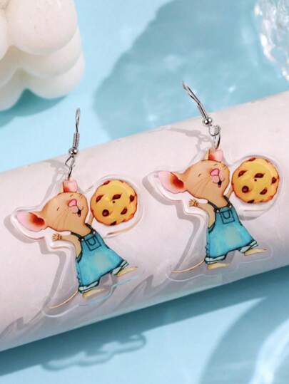 1 Pair Cute Creative Funny & Lively Campus Series Mouse Holding Cookie Acrylic Dangle Earrings, Suitable For Teachers And Students, Daily Wear Gift Jewelry