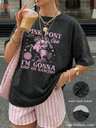 Women's Casual Loose Drop Shoulder Washed Short Sleeve T-Shirt, Denim Cowgirl Print, Washed Finish, Drop Shoulder Tee, Back To School, Campus Style Inspiration, Back To School Essential, First Day Of School, 2026 Back To School, Retro Women Top, College Style Black