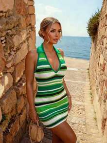 FOR BEAUTY 春夏新款撞色V领针织连衣裙，绿色条纹交织，修身显瘦，适合日常出行、约会，尽显时尚魅力。周末旅行、下午茶、朋友聚会、休闲时尚穿搭、日常穿着皆宜。深V领性感条纹撞色针织沙滩裙，露背吊带条纹无袖度假连衣裙 - 彩色 - 查看 5