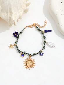 1 chiếc vòng tay bện nhiều màu sắc theo phong cách Bohemian với mặt dây chuyền hình ngọc trai giả, trái tim, sao biển, mặt trời, ớt, dành cho nữ. - Vàng - Xem 4