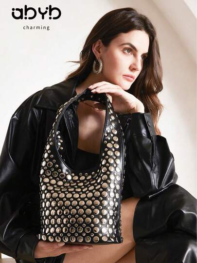 Punk Style Rivet Studded Elegant Bucket Bag, New European And American Women's Underarm One Shoulder Tote Bag