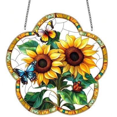 2D平面向日葵蝴蝶造型捕光器装饰，梅花造型彩色亚克力玻璃挂饰，花卉墙饰，户外花园装饰，窗饰