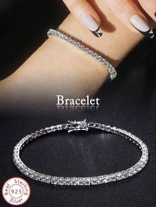 1条3毫米顶级嘻哈风四爪莫桑石和立方氧化锆网球链手链，铂金S925纯银手链，闪耀夺目，奢华高端，精致珠宝，女士礼物 - 四爪滿鑽手鍊 - 查看 13