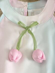 Young Girl Ombre Two Pieces Set, 3D Tulip Applique Halter Top With Ruffled Shorts Summer Casual Wear - Multicolor - View 5