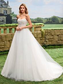 Glamorous Sequin Spaghetti Strap Formal Evening Gown, White Tulle Wedding Dress With Train Spring - White - View 4