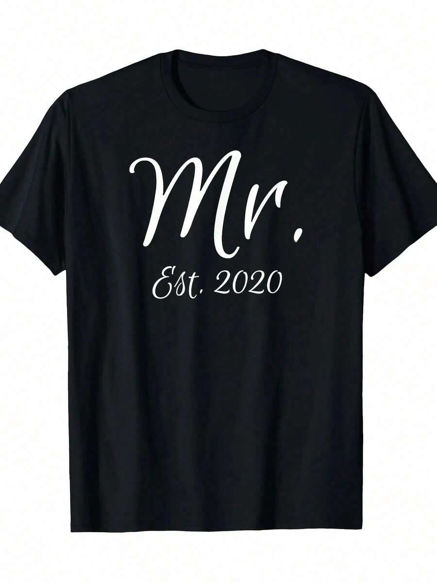 Camiseta a juego con texto "Sr. y Sra. Regalos Nupciales Novio Sr. Est. 2020" - Camiseta de 220gT 100% Algodón - Negro - Ver 1