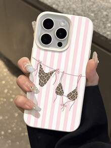 Striped 1pc Summer Limited Edition Pink Vertical Stripe 2-Piece Swimsuit Pattern Lychee Texture TPU Waterproof Shockproof Anti-Slip Soft Phone Case Suitable Compatible With Apple// Phones - Multicolor - View 4