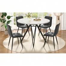 Dining Set (5 Pieces), Including A Table And Four Chairs, A Modern Kitchen Set, A Round Table 100 Cm In Diameter, Black Metal Legs, A Marble Effect MDF Top And Grey Linen Dining Chairs. - Black - View 2