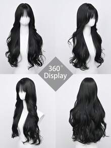 30英寸黑色波浪假发，女士款 - 带刘海，优质合成纤维，可调节帽套 | 日常/派对造型 - 黑色 - 查看 5