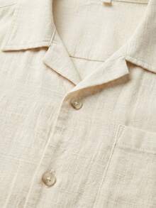 男士修身纹理衬衫，纯米色立领上衣，低调奢华纯棉衬衫，宽松简约夏季度假装 - 杏色 - 查看 5