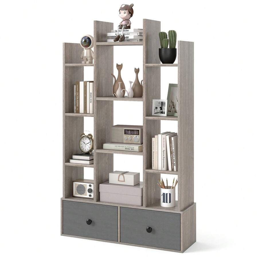 COSTWAY Tree Shaped Bookcase With Drawer, Free Standing Bookshelf With 7 Open Storage Shelves, Tall Display Rack With Bookshelves For Living Room, Bedroom, Home Office, Grey - A - View 1