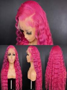 Dragon Fruit Colored High Quality Deep Wave Glueless Wigs Human Hair With Baby Hair 13x4 HD Transparent Lace Front Wigs Human Hair Free Parting 200 Density Fluorescent Powder Deep Curly Lace Frontal Wig For Women Suitable For Everyone - hồng - Xem 5