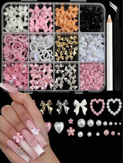 12Grids/Box 3D Pink White Bow Nail Art Charms, Flower Flat Pearl Love Heart Nail Art Rhinestones Cute Bowknot 5-Petal Flower Jewelry Nail Decoration , Includes Tools, DIY Manicure Accessory