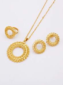 非洲镀金首饰套装 - 项链、吊坠、耳环、戒指套装，适合女性，法式迪拜派对、新娘、婚礼、妻子礼物 - 金色 - 查看 9