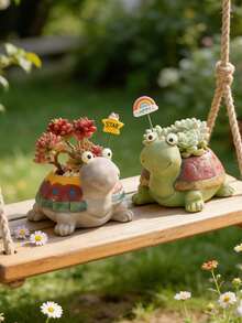 Resin Succulent Planter Cute Turtle Shaped Flower Pot Waterproof Durable Cartoon Animal Plant Container For Indoor Outdoor Home Office Windowsill Balcony Patio Garden Decor Ideal For Cactus Herbs Small Potted Plants - A - View 8