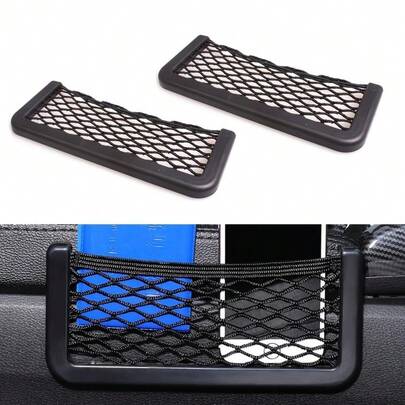 1 pieza Caja de almacenamiento elástica de nailon multifuncional, red de almacenamiento universal para automóvil, accesorios para automóvil, bolsillo de malla de nailon para teléfono, billetera, estructura de soporte estable de ABS, bolsa de almacenamiento autoadhesiva