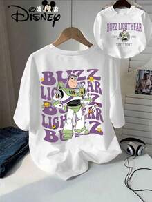 Buzz Lightyear's Cartoon Pattern Is Surrounded By Space Elements Such As Stars, Rockets And Planets. Disney's New Short-Sleeved T-Shirt Tops In Summer Are Ladies' Casual Fashion, Printed T-Shirts And Elegant Women. - 白色 - 查看 1