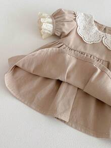 Toddler Girls' Loose Fit Hollow Out Peter Pan Collar Short Sleeve Dress, Spring/Autumn, Runs Slightly Large - Khaki - View 10