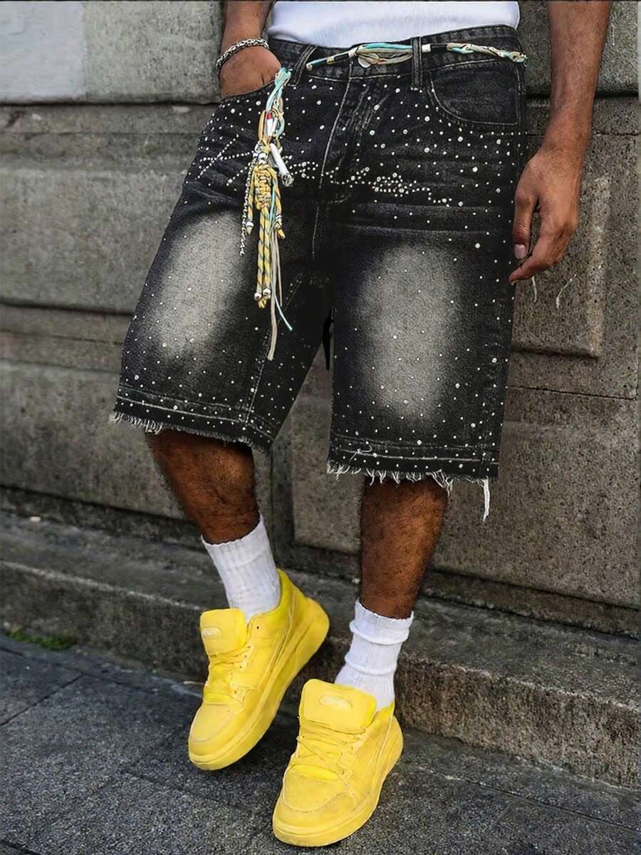 Quần short denim nam mùa hè họa tiết bầu trời sao lấp lánh đính đá, chất liệu không co giãn, dài đến đầu gối, họa tiết sao pha lê đính kèm, điểm nhấn thời trang đường phố mùa hè | Món đồ thiết yếu thu hút mọi ánh nhìn trong các bữa tiệc phát sáng trong bóng tối - màu đen - Xem 1
