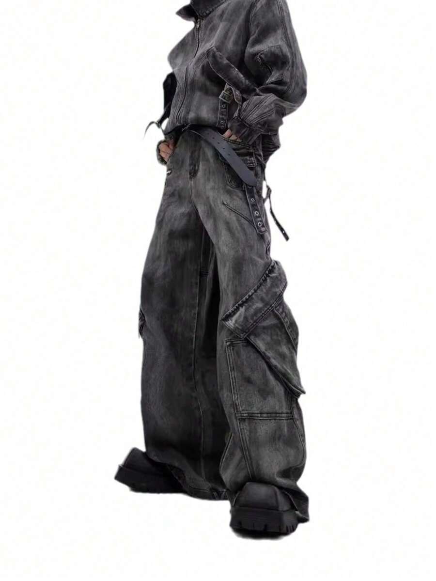 Vaqueros para hombre estilo callejero americano 2026 vintage y desgastados con efecto post - apocalíptico lavados arrugados flare leg anchos de moda para fiestas de Año Nuevo y temporada de invierno en  fin de año - Gris - Ver 1