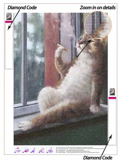 |5D DIY Diamond Painting|Relaxed Tabby Cat Lounging On Windowsill With Cigarette Diamond Painting Kits, Window View, Subtle Smoke & Realistic Feline Details. Handmade Decorative Painting, 5D DIY Diamond Painting Kit, Make Your Own Wall Art DIY, Enjoy The Fun Of Hands-On, The Best Gift For Friends