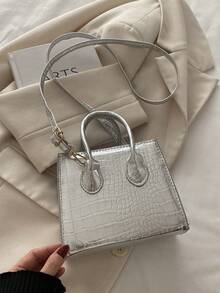 Túi xách nữ nhỏ hình vuông họa tiết đá, kiểu dáng thời trang mới, túi đeo vai hai quai xách họa tiết da cá sấu, dây đeo có thể điều chỉnh, đa năng cho du lịch và mua sắm. - Bạc - Xem 10