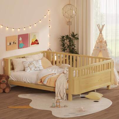 Queen Size Kids Bed Frame Wood Platform Children's Bed With Rails, Low Profile Kids Beds For Girls Boys Bedroom, Natural