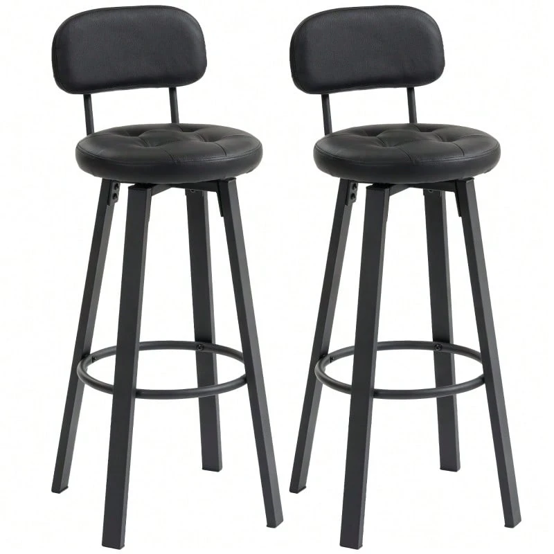 Set Of 2 Bar Stools, Faux Leather Upholstery, Padded Seat, Footrest, Backrest, Metal Frame, Black - Black - View 1