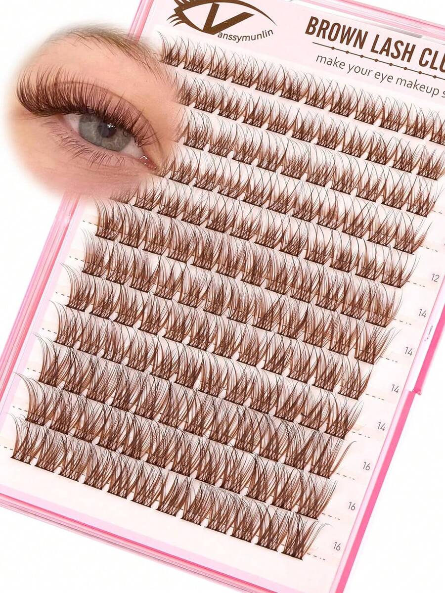 Brown Natural Fluffy Lash Clusters, Anime Lash Clusters, Pointed Lash Extensions, C-Curl Single Lash Extensions, Pointed Single Lash Extensions, 10-16mm Pre-Fanned Lash Clusters, DIY Lash Kit 144pcs - D - View 1