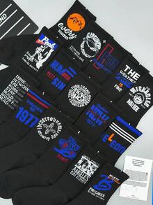 1/5/10双装随机字母数字印花船袜，时尚黑色袜子，男女通用运动袜 - 黑色 - 查看 6