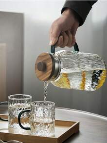 1个锤纹玻璃冷水壶，大容量加厚绿色手柄柑橘壶，玻璃冰茶壶，家用果汁饮料花茶壶，大容量木盖锤纹冷水壶（不含杯子） - 無色 - 查看 6