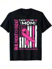 Camiseta de la bandera del cáncer de mama, usa rosa por mi mamá, su lucha, mi lucha - Negro - Ver 1