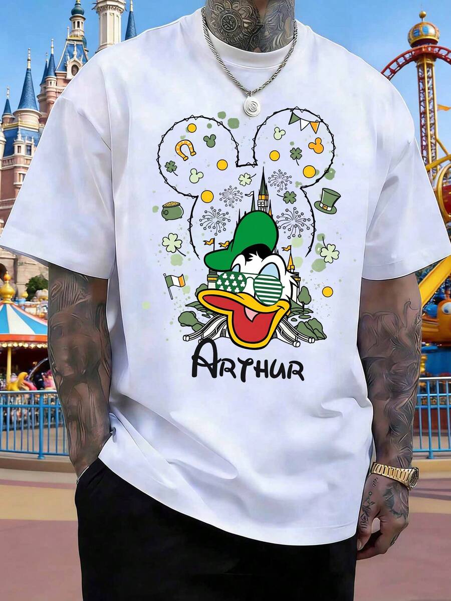 Disney Donald Duck And Mickey Mouse Castle St. Patrick's Day T-Shirt For Men And Women, A Lucky Casual T-Shirt, Made Of Comfortable And Soft Pure Cotton, Suitable For Holiday Outings, Parties, Commuting, And Vacations. - White - View 1
