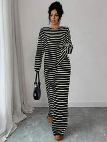 女士黑白条纹露肩长袖T恤和松紧腰条纹裤两件套，休闲、通勤、度假、波西米亚风春季套装 - 黑白 - 查看 5