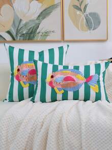 1件/2件裝清新海洋風刺繡魚類抱枕套，魚刺繡枕套，不含枕芯，適用於客廳沙發、臥室床頭裝飾氛圍 - 綠色 - 查看 7