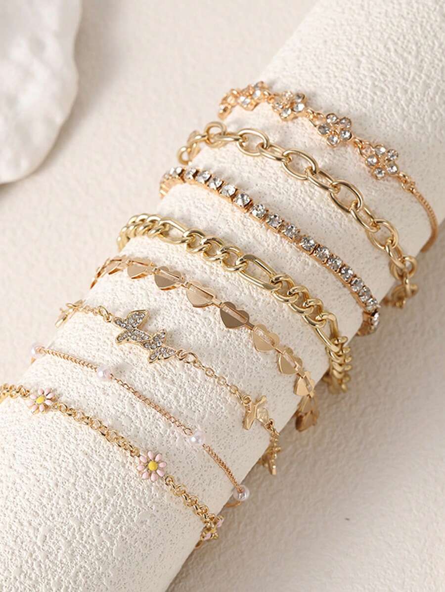 Bộ 8 vòng tay tua rua nhiều lớp hình hoa, bướm và trái tim, phụ kiện dễ thương, đa năng, phù hợp cho trang phục dự tiệc, làm quà tặng cho người thân yêu, đeo hàng ngày và ngày Valentine. - Nhiều màu - Xem 1