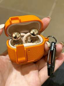 Fashion Business Bracket Style Leather Texture Protective Case With Lock Clasp Compatible With Apple 4 Active Noise Proof, Compatible With Airpods Pro 3/2 2nd Generation, Anti-Drop Earphone Cover - Orange - View 4