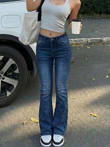 Quần jeans nữ ống loe dáng ôm rách phong cách vintage thường ngày. - Rửa tối - Xem 2