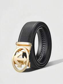 Men's Textured PU Belt With Arrow Round Automatic Buckle, Available In Gold, Silver And Black Plating. It Features An Adjustable Ratchet Design, Classic Business-Casual Style, And Is An Ideal Gift For Father's Day And Anniversaries. - Multicolor - View 4